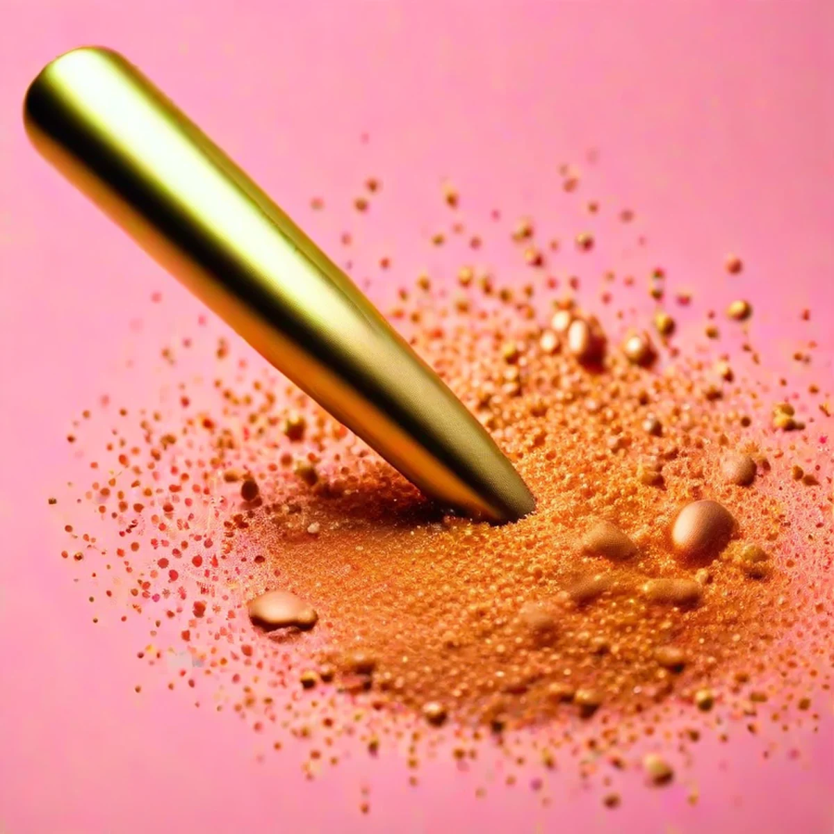 Gros plan d'un pinceau de maquillage avec des pigments scintillants
