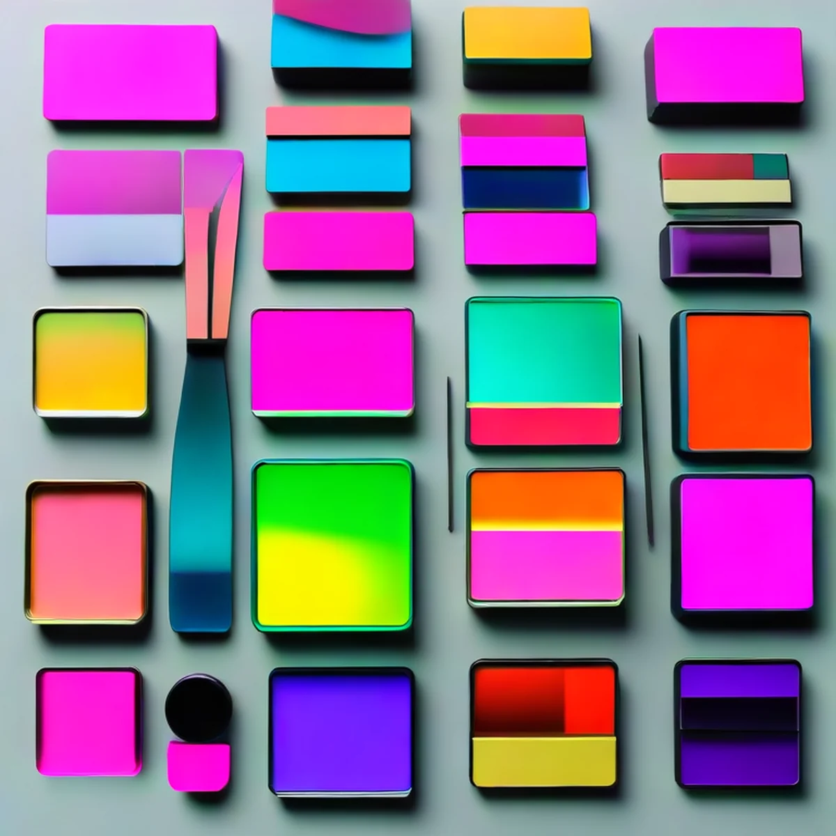 Paletas de sombras coloridas e pincéis de maquiagem profissionais.