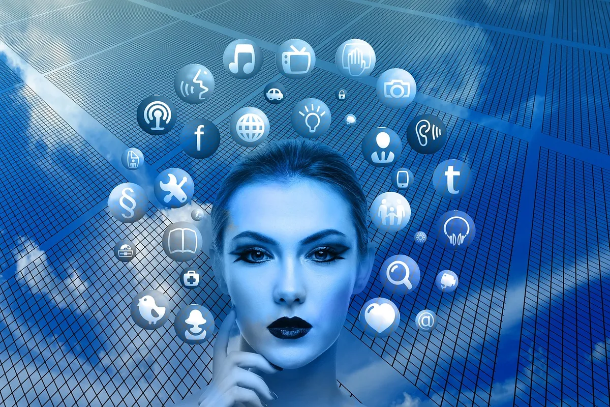 woman, face, social media, thoughts, head, applications, apps, social media applications, icons, circle, tree, nature, networks, internet, social, social networ